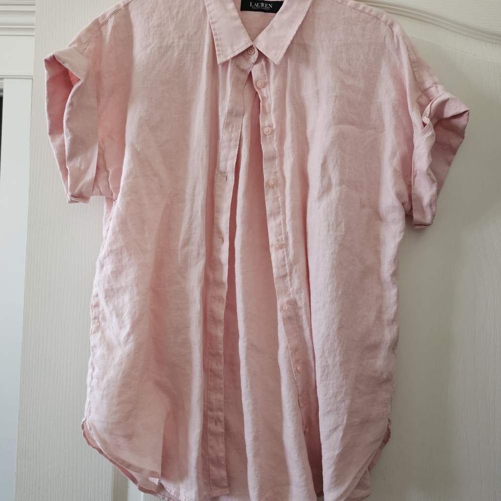 Lauren Ralph Lauren Light Pink Linen Short Sleeve Button-Up Shirt